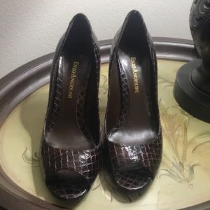 Enzo Angiolini brown snake leather open toe pumps